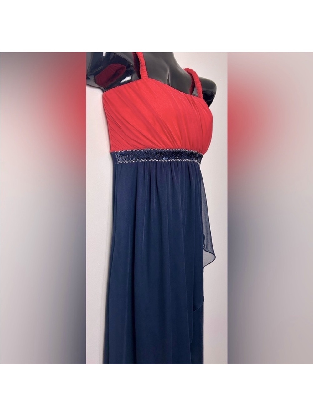 Enfocus Studio Red and Navy High-Low Spaghetti Strap Dress with Sequined Waist - Picture 4 of 8